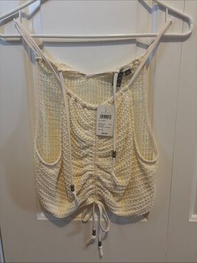 Windsor Cream Waffle-Knit Drawstring Camisole Crop Top